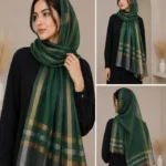 Premium Emerald Green Golden Check Border Silk-Finish Hijab