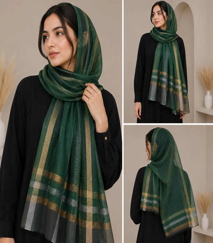 WhatsApp Image 2026-07-08 at 18.47.34_700x800 Premium Emerald Green Golden Check Border Silk-Finish Hijab - Image 1