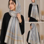 Premium Silver Grey Golden Stripe Shimmer Silk-Finish Hijab