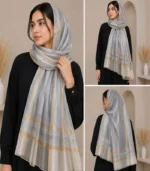 Premium Silver Grey Golden Stripe Shimmer Silk-Finish Hijab