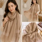 Premium Sand Beige Gold Shimmer Striped Silk-Finish Hijab
