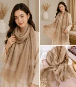 Premium Sand Beige Gold Shimmer Striped Silk-Finish Hijab