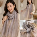 Premium Silver Gray Shimmer Striped Silk-Finish Hijab