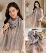 Premium Silver Gray Shimmer Striped Silk-Finish Hijab