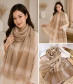 Premium Champagne Beige Gold Shimmer Striped Silk-Finish Hijab