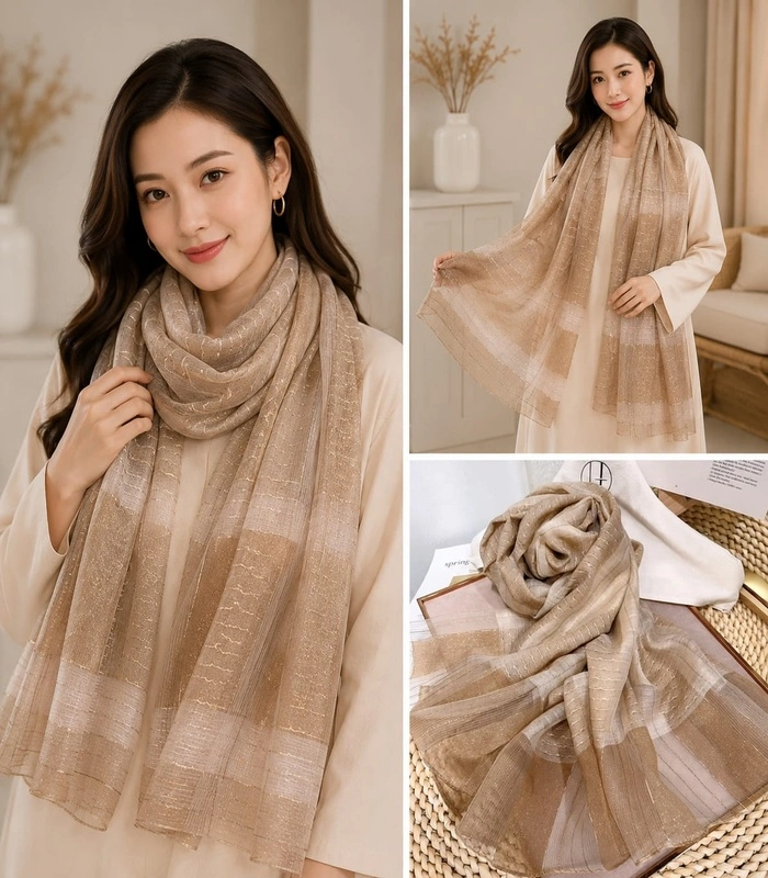WhatsApp Image 2026-07-09 at 17.52.35_700x800 Premium Champagne Beige Gold Shimmer Striped Silk-Finish Hijab - Image 1