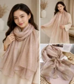 Premium Blush Pink Gold Shimmer Striped Silk-Finish Hijab