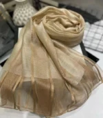 Premium Golden Champagne Shimmer Striped Silk-Finish Hijab - Image 2