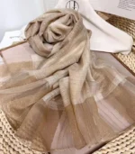 Premium Champagne Beige Gold Shimmer Striped Silk-Finish Hijab - Image 2