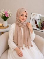 Premium Nude Beige Tassel Soft Crinkle Hijab