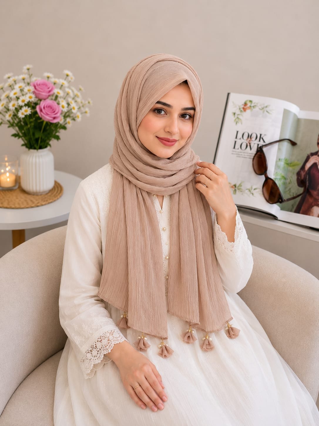 WhatsApp Image 2026-07-09 at 19.47.44 (1) Premium Nude Beige Tassel Soft Crinkle Hijab - Image 1