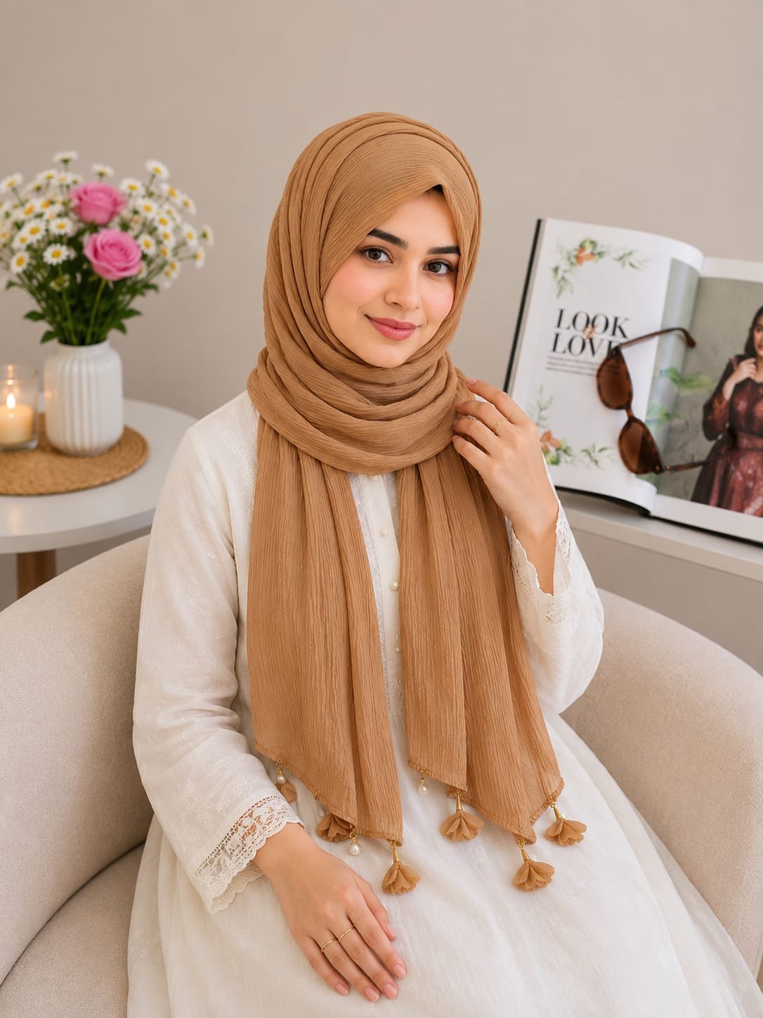 WhatsApp Image 2026-07-09 at 19.47.44 Premium Camel Brown Tassel Soft Crinkle Hijab - Image 1