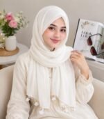 Premium Ivory White Tassel Soft Crinkle Hijab