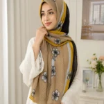 Premium Beige Mustard Floral Pleated Soft Crinkle Hijab