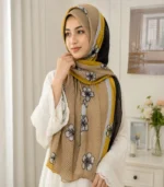 Premium Beige Mustard Floral Pleated Soft Crinkle Hijab