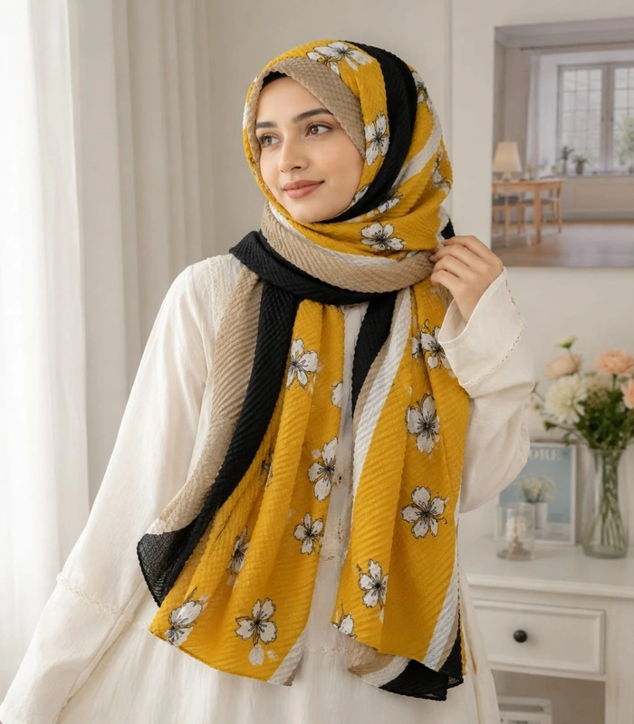 WhatsApp Image 2026-07-11 at 22.46.06_700x800 Premium Mustard Yellow Floral Pleated Soft Crinkle Hijab - Image 1