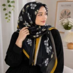 Premium Black Floral Pleated Soft Crinkle Hijab