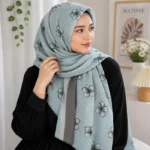 Premium Ice Blue Floral Pleated Soft Crinkle Hijab