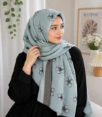 Premium Ice Blue Floral Pleated Soft Crinkle Hijab