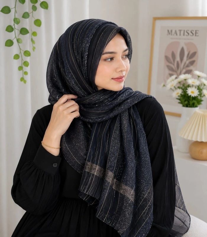 WhatsApp Image 2026-07-11 at 22.46.10_700x800 Premium Black Gold Shimmer Striped Soft Hijab - Image 1