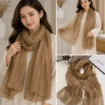Premium Camel Brown Gold Shimmer Striped Silk-Finish Hijab