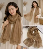 Premium Camel Brown Gold Shimmer Striped Silk-Finish Hijab
