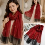 Premium Ruby Red Gold Shimmer Black Border Silk-Finish Hijab