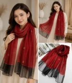 Premium Ruby Red Gold Shimmer Black Border Silk-Finish Hijab