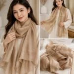 Premium Nude Beige Gold Shimmer Striped Silk-Finish Hijab