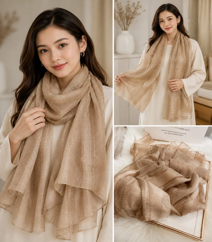 WhatsAppImage2026-07-09at17.52.40_700x800 Premium Nude Beige Gold Shimmer Striped Silk-Finish Hijab - Image 1