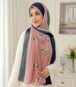 Premium Dusty Pink Navy Floral Pleated Soft Crinkle Hijab