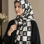 Premium Monogram Printed Silk-Finish Hijab (Black & White)
