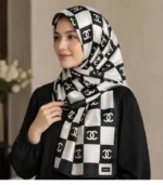 Premium Monogram Printed Silk-Finish Hijab (Black & White)