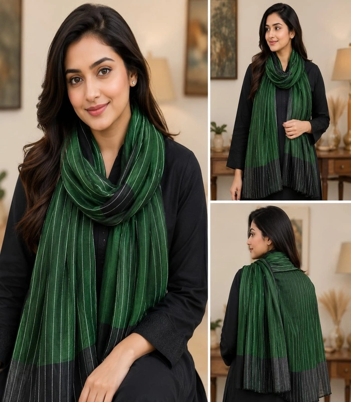 a Premium Emerald Green Striped Silk-Finish Hijab - Image 1