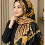 Premium Baroque Gold Chain & Floral Printed Silk-Finish Square Hijab (Black & Gold)