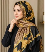 Premium Baroque Gold Chain & Floral Printed Silk-Finish Square Hijab (Black & Gold)