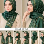 Premium Baroque Paisley Printed Silk-Finish Hijab (Dark Green)