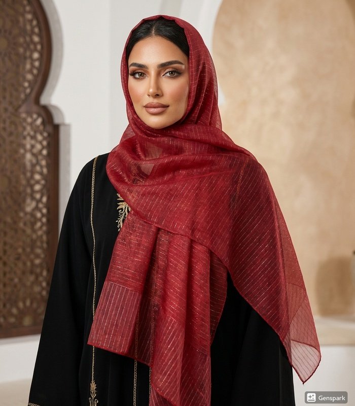 hijab_model_01_700x800 Premium Maroon Golden Stripe Shimmery Tissue Hijab - Image 1
