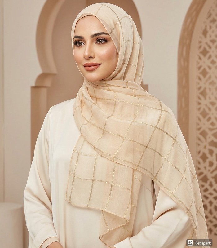 hijab_model_11_700x800 Premium Golden Grid Check Pattern Tissue Hijab - Image 1