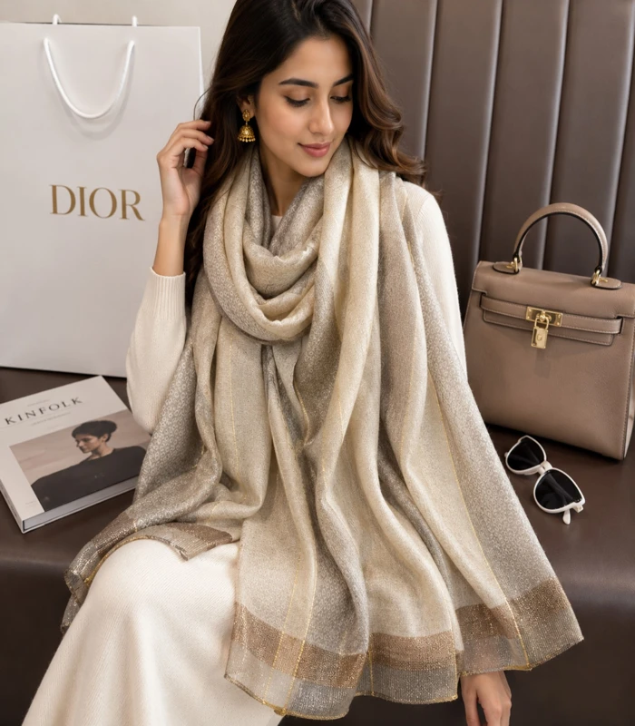 image_2 Premium Champagne Gold Silk-Finish Hijab with Golden Lurex Border - Image 1