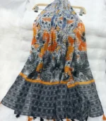 Premium Grey-Orange Floral Printed Silk-Finish Hijab - Image 2
