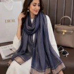 Premium Navy Blue Golden Lurex Border Silk-Finish Hijab