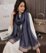 Premium Navy Blue Golden Lurex Border Silk-Finish Hijab