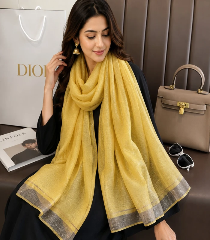 image_5 Premium Mustard Yellow Golden Lurex Border Silk-Finish Hijab - Image 1