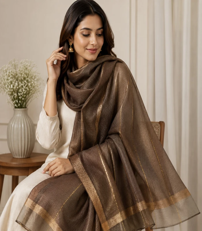 image_6 Premium Coffee Brown Golden Lurex Border Silk-Finish Hijab - Image 1