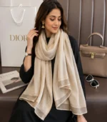 Premium Beige Golden Lurex Border Silk-Finish Hijab