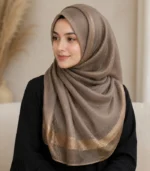 Premium Taupe Golden Lurex Border Silk-Finish Hijab