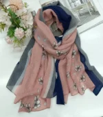 Premium Dusty Pink Navy Floral Pleated Soft Crinkle Hijab - Image 2