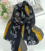Premium Black Floral Pleated Soft Crinkle Hijab - Image 2