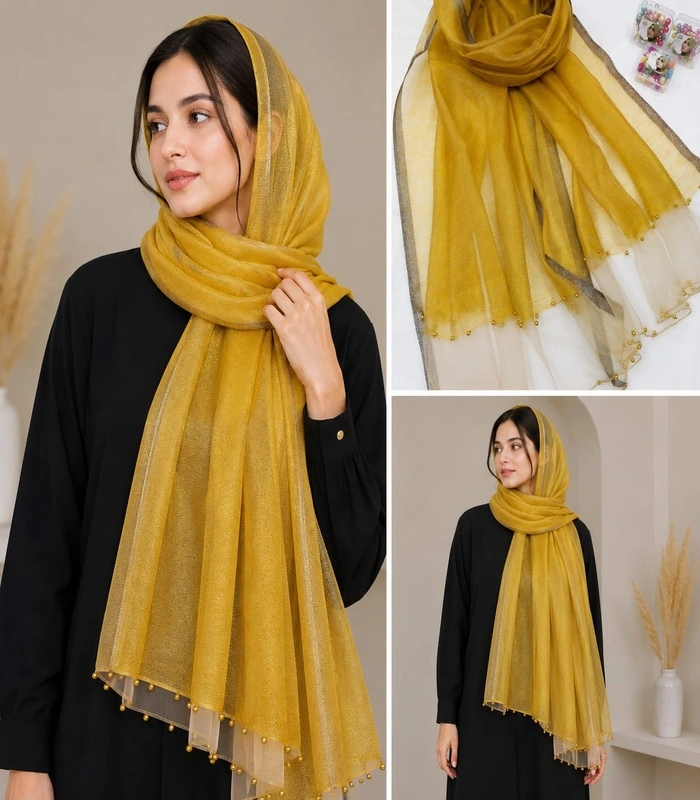 resized_2_700x800 Premium Mustard Golden Shimmer Border Silk-Finish Hijab - Image 1